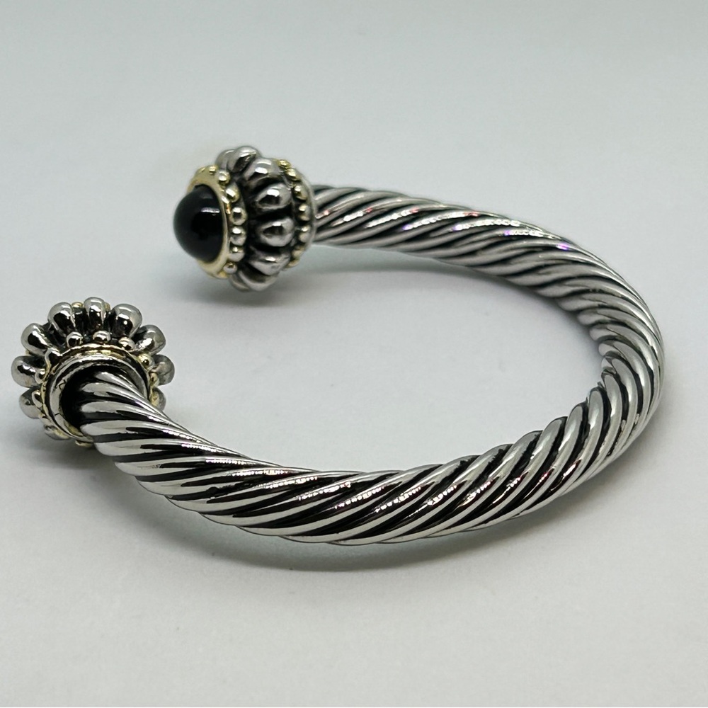 Vtg Silver Plated Cable Cuff Bracelet with Black & Bronze Tips